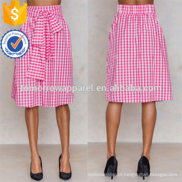 Venda quente a linha rosa e branco gingham gravata cintura midi saia de verão fabricação atacado moda feminina vestuário (ta0045s)